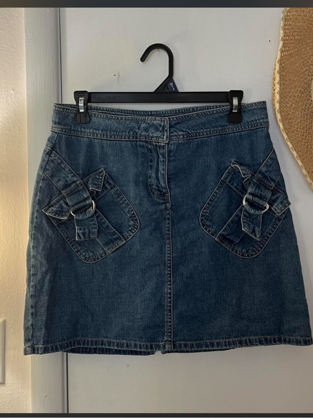 Dark Blue Denim Mini Skirt with Buckle Pocket Accents